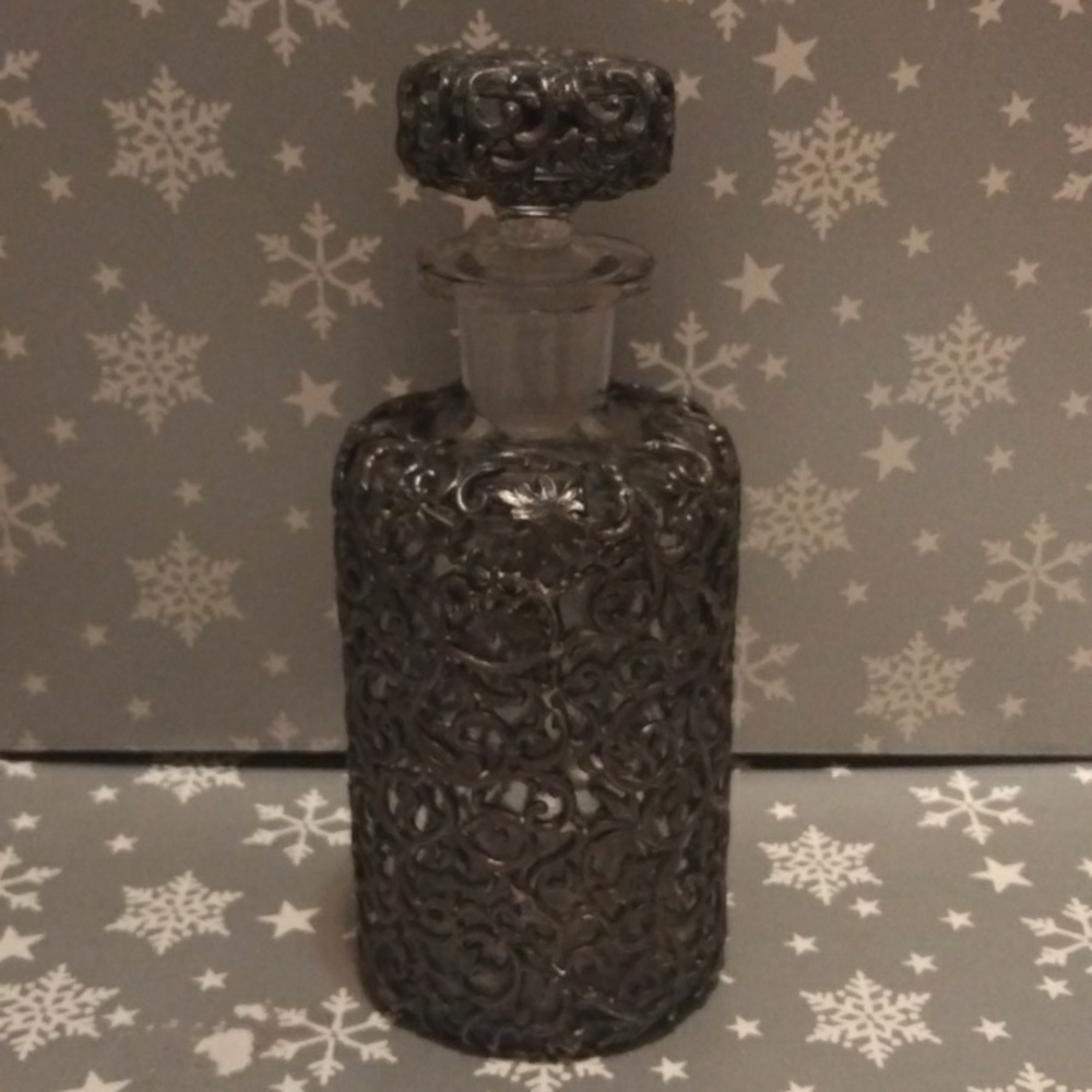 Vintage filigree perfume bottle heavy  glass with metal with beautiful details